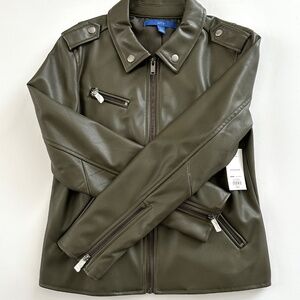 Apt 9 Olive Green Faux Leather Moto Jacket Zip Front Women's Size PXS